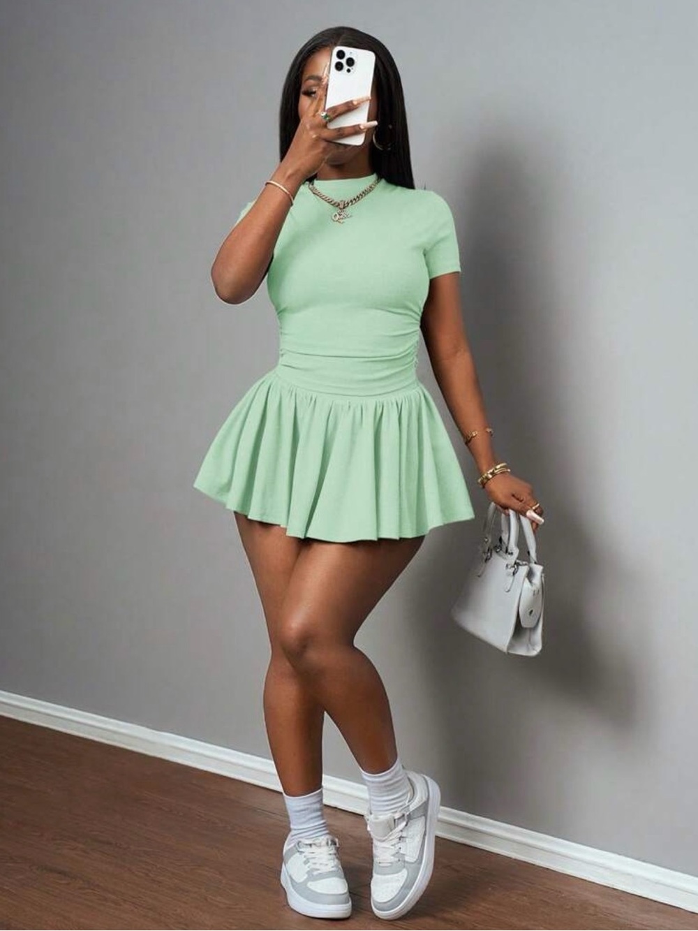 SHEIN Mint Green Short Sleeve Pleated Skirt Set